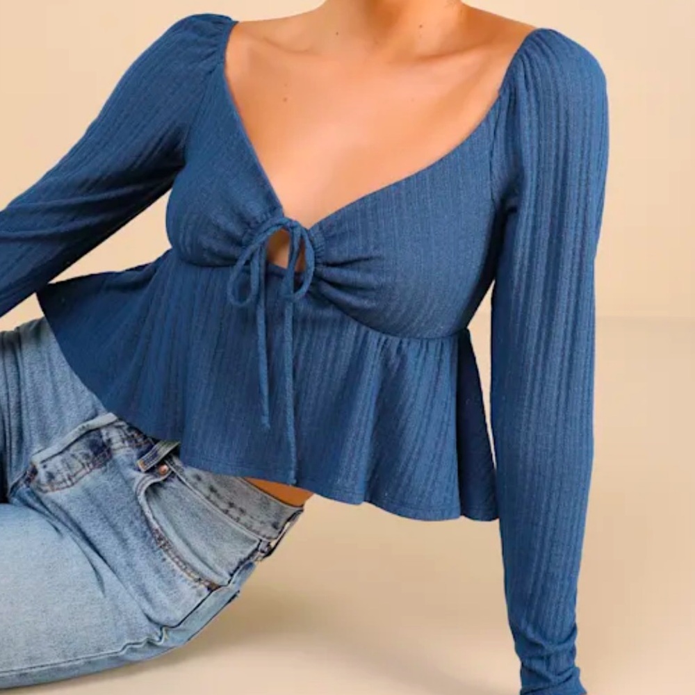 NWOT Lulu's Impressively Charming Dark Blue Tie-Front Long Sleeve Top